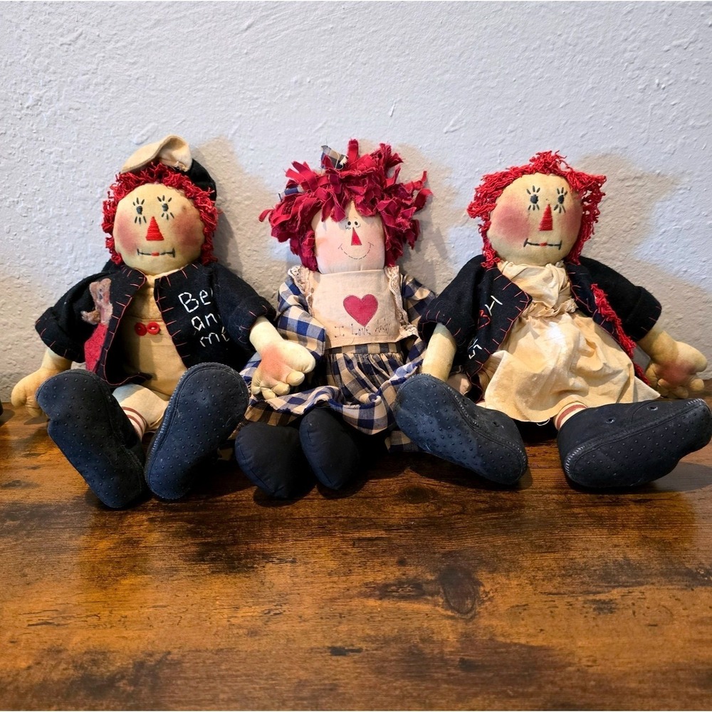 1995 Vintage Primitive Raggedy Ann Andy Dolls 18 Lot 3 Handmade Folk Art Country